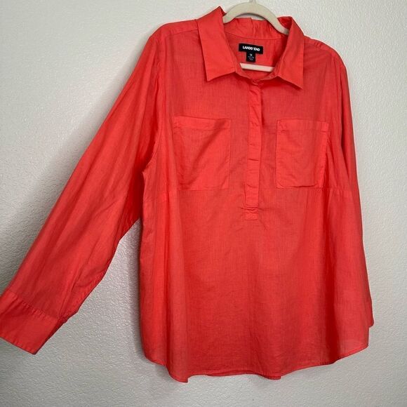 Lands’ End Linen Blend Orange Button Down Women’s Shirt - Picture 2 of 12